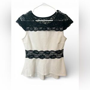 New York & Company Black White Lace Peplum Top Size M Side Zip Office Date Night